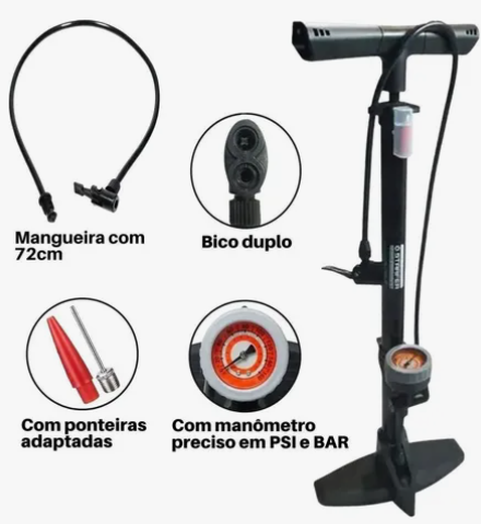 Bomba de Encher Pneu para Bicicleta com Manômetro – 160 psi, Bico Duplo e Adaptadores