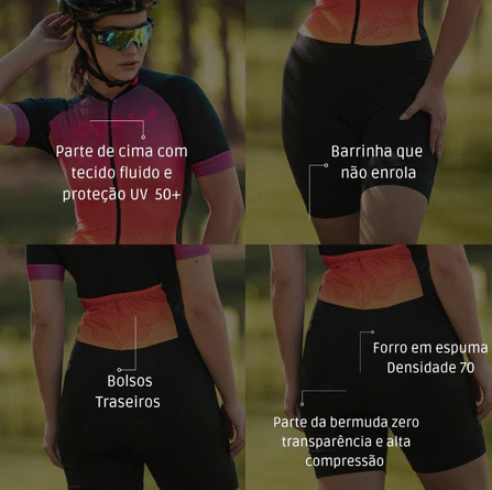 Macaquinho Ciclismo Feminino Forro Espuma Confortável com Bolsos e Proteção UV – Zero Transparência